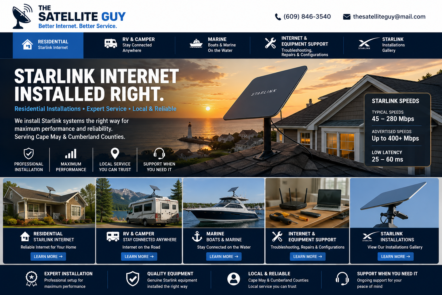 The Satellite Guy homepage featuring a rooftop Starlink dish at sunset and service options for residential, RV and camper, marine, internet equipment support and Starlink installations.