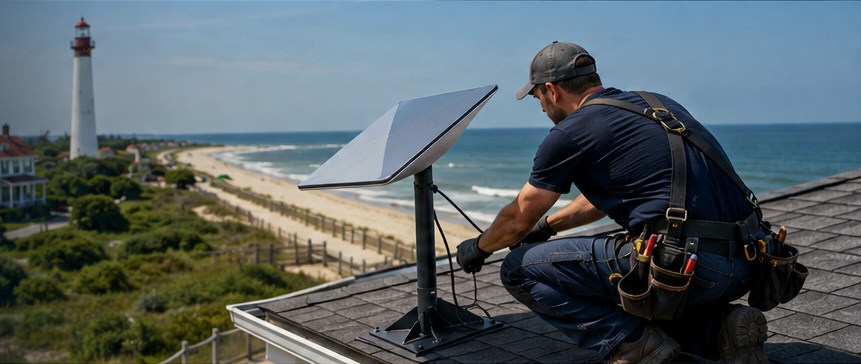 Satellite internet technician working near the Cape May County coast